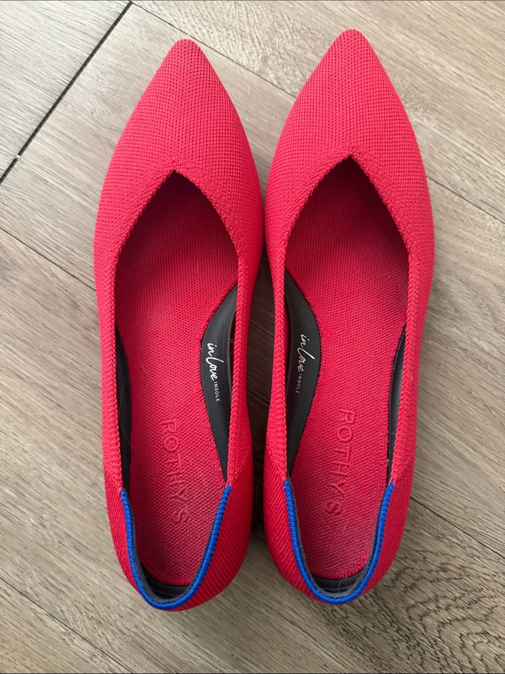 Rothy's Red Pointed Knit Flats with Blue Trim